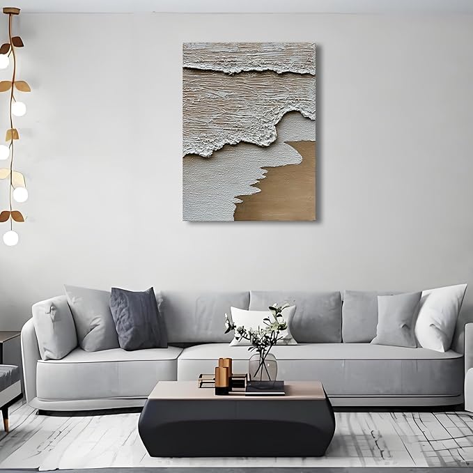 Art Hand Painted 3D Modern Abstract Art Oil Painting White Ocean Wave Landscape Painting 40x28 Inch Home Office Corridor Wall Decoration Art