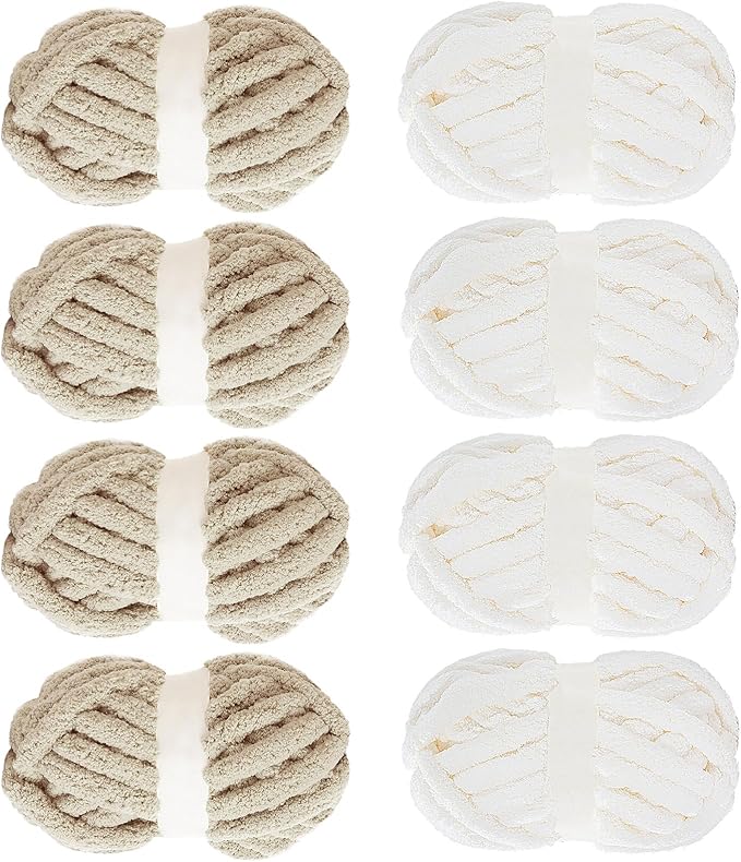 MABOZOO Assorted Chunky Yarn for Crocheting - 8 Pack, Fluffy Chenille & Giant Thick Fuzzy Yarn - 4 White & 4 Khaki (31.7 yds, 8 oz Each)