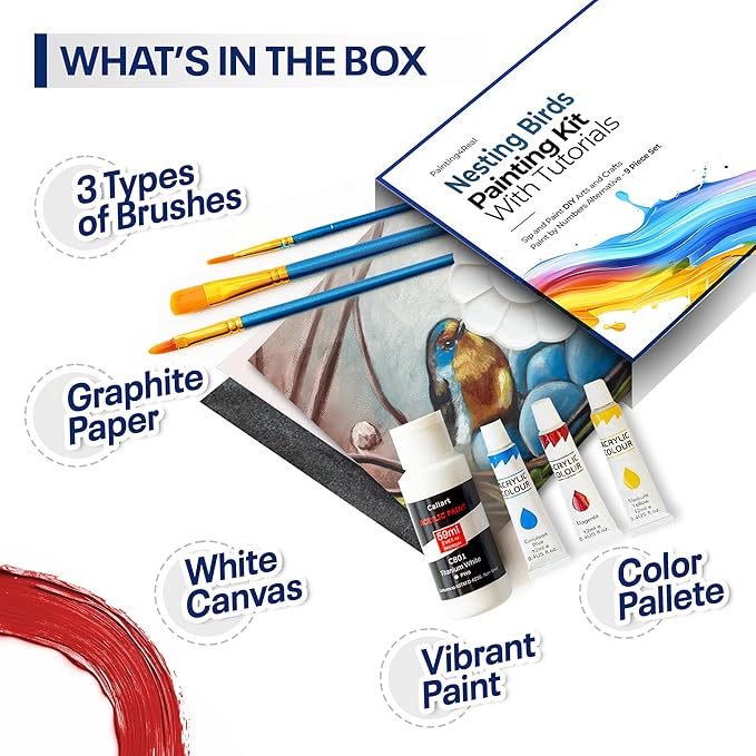 DIY Art Painting Kit for Adults – Learn to Paint Nesting Birds with Video Tutorials – 9 Pieces Acrylic Paint Set for Adults –Perfect Christmas Crafts & Holiday Gifts for Art Lovers