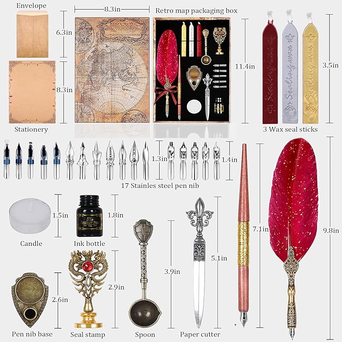 Quill Pen and Ink Set,Feather Pen Ink Set Includes Quill Pen and wooden dip pen,Ink,17 Replacement Nib,Pen Base,3 Wax Seal Sticks,Stamp,White Wax, Spoon,Envelope Letter Paper,envelope tool(Red)