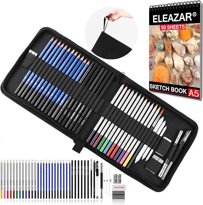 ELEAZAR SKETCHING PENCIL SET: colorful water-soluble pencils, sketching pencils, sketchbook, portable zippered drawing tool set The perfect drawing set for kids, teens and adults (42-Piece)