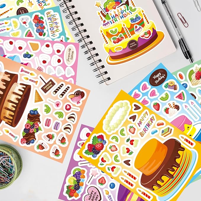 DUJAA 24 Sheets Birthday Stickers, Make-a-Cake Sticker for Kids, Birthday Cake Sticker Set, Color, Cartoon Style, Paper Material, Indoor Use, Kids' Party Gift, Scrapbook Decor, 24 Count