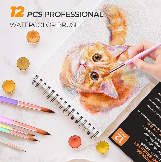 Nicpro 12pcs Watercolor Paint Brushes, Aesthetic Pastel Round Pointed Tip Paint Brush Set, Professional Soft Synthetic Squirrel Paint Brushes, Artist Painting Brushes for Watercolor, Inks, Gouache