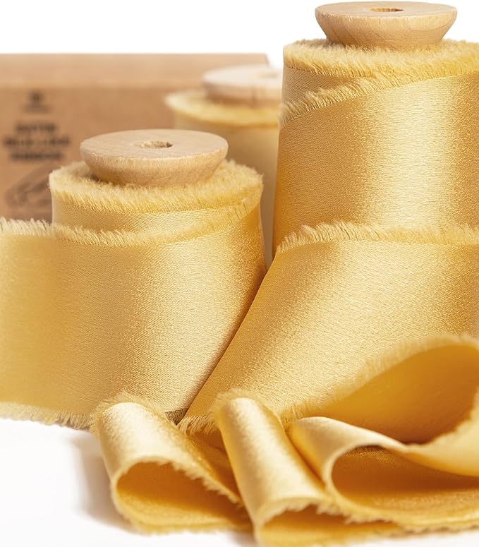 Vitalizart Gold Ribbon Silk Satin 1-1/2 inch x 15 Yard Metallic Handmade Frayed Ribbons for Gift Wrapping Baby Shower Wedding Bridal Bouquets Holiday Decor