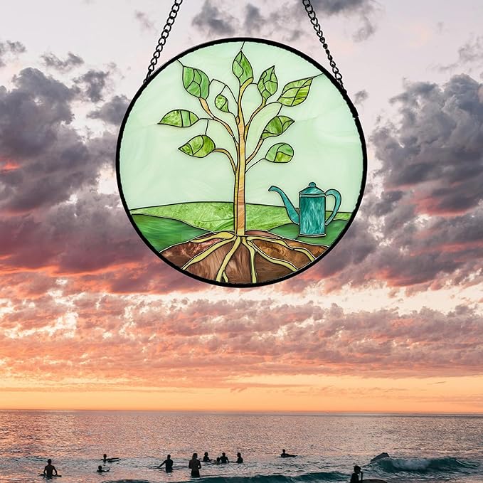 Stained Glass Window Hanging 4 Pcs Set Pink Green Spring Saplings Flowers 6.3" - Suncatcher Door Garden Sun Catcher Home Decor Mother's Day for Woman Nana Mom Men