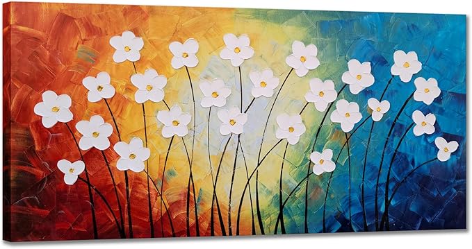 Yihui Arts Hand Painted Textured Flower Oil Painting on Canvas - Colorful Abstract White Floral Wall Art for Living Room, Bedroom, Modern Home Decor