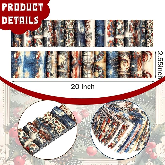 Ganeen 100 Pcs Vintage Christmas Quilting Fabric Roll 2.56 x 20.08 Inch Santa Reindeer Fabric Jelly Square Patchwork Nutcracker Cardinal Precut Strip Bundle for Winter Xmas Craft DIY Sewing Material