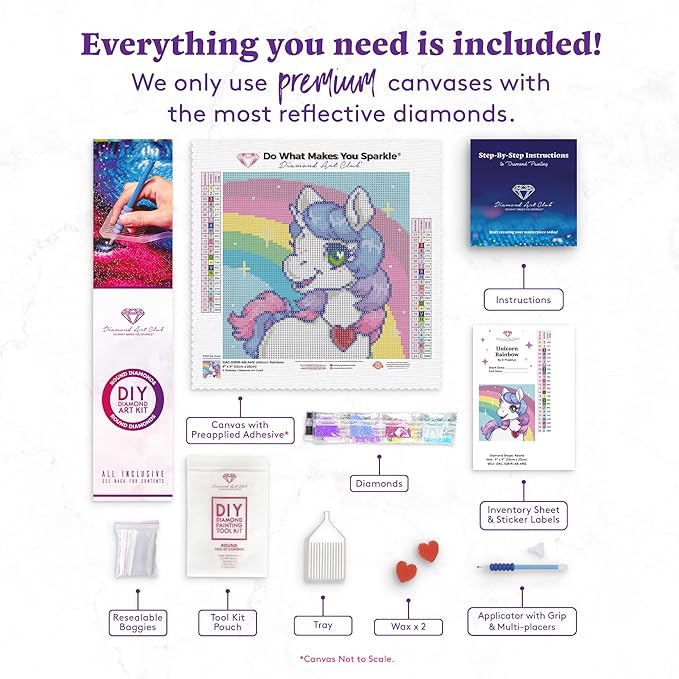 DIAMOND ART CLUB Unicorn Rainbow Diamond Painting Kit, Fun DIY Crafts for Adults, Round Diamond Art Canvas, 9" x 9"