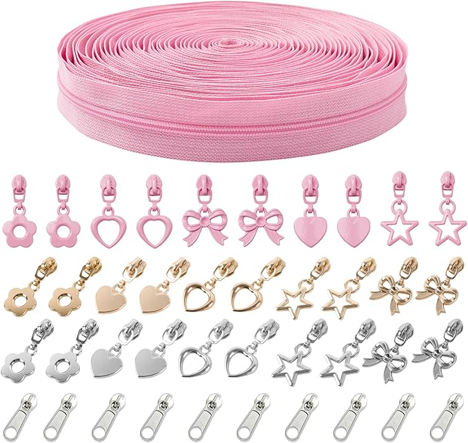 Mylbeter #3 Nylon Coil Zippers by The Yards Pink Bulk Zippers 10 Yards with 40PCS Sliders Continuous Zipper Tape for DIY Bag Clothing Sewing Crafts Gold Pull Sliver Slider Zipper for Bags and Purses
