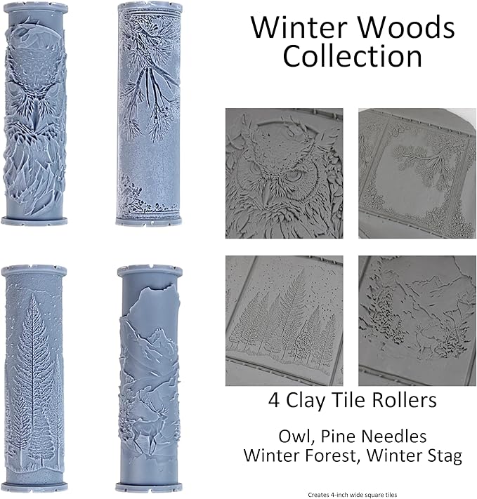 Frosty Retreat Collection 4-Pack Clay Texture Rollers (4") - Winter Set #01 - Embossing Pattern Rollers for Polymer & Ceramic Clay, Pottery & Crafts