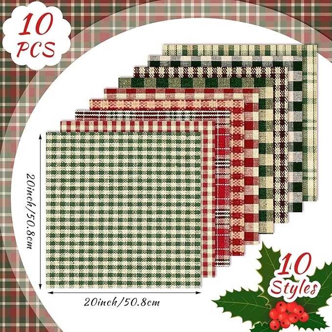 Hahafelt 10 Pcs Red and Green Buffalo Check Quilting Fabric Bundles 20 x 20 Inch Primitive Fat Quarters by The Yard Square Gingham Fabric Scraps Sewing Precut Patchwork for Vintage DIY Craft Decor