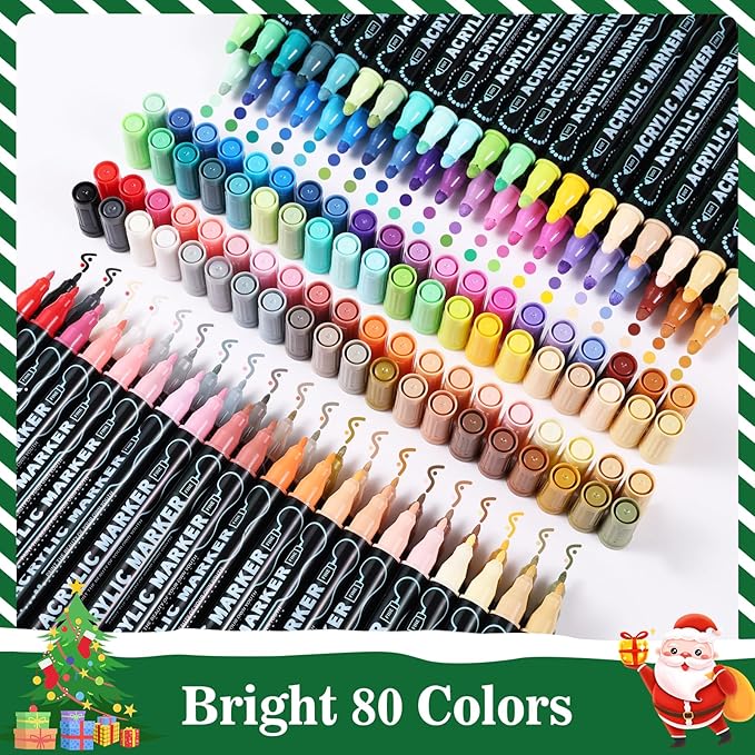 80 Colors Waterproof Dual Tip Acrylic Paint Pens, Dot & Fine Tip Premium Coloring Drawing Markers Set for Wood, Rock Painting, Canvas, Glass, Ceramic Surfaces and DIY Crafts Making Art Supplies