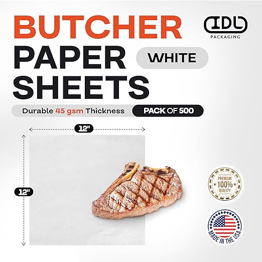 White Butcher Paper Sheets 12" x 12", Pack of 500 - USA-Made Natural Precut Butcher Paper for Smoking, Grilling & BBQ - Unwaxed, Uncoated, Untreated Food Wrapping Sheets for Cooking by IDL Packaging