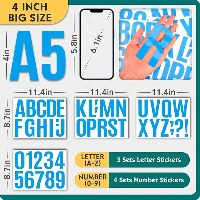 Seloom 13 Sheets Alphabet Stickers,4 Inch Large Vinyl Letter Number Stickers Self Adhesive,Waterproof Numbers Alphabet Letters Labels for DIY Crafts,Mailbox,Notebook,Door,Water Bottles,Car(Blue)