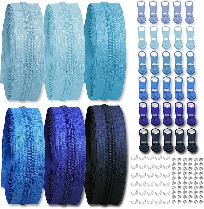 #3 Nylon Zipper Tape for Sewing: YZSFIRM 24 Yards Blue Series by The Yard Nylon Coil Zippers for DIY Sewing Craft with 30 Bulk Metal Zipper Slider