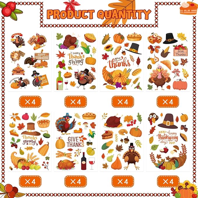 32 Sheets Thanksgiving Stickers, Fall Autumn Sticker Turkey Fall Harvest Food Pumpkin Maple Leaves Stickers, Thanksgiving Party Favors Supplies