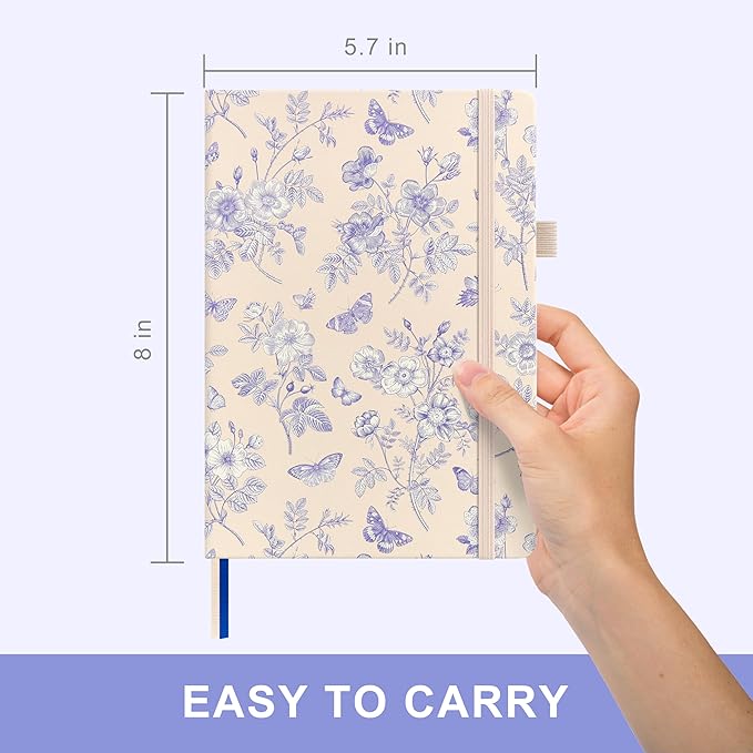 &And Per Se Dotted Journal Notebook for Women&Men with Pattern, A5 Leather Hardcover, 160 Pages 100GSM Thick Dotted Paper, 3 Sheets of Stickers Included, 5.7'' x 8'' (Blue Flowers)