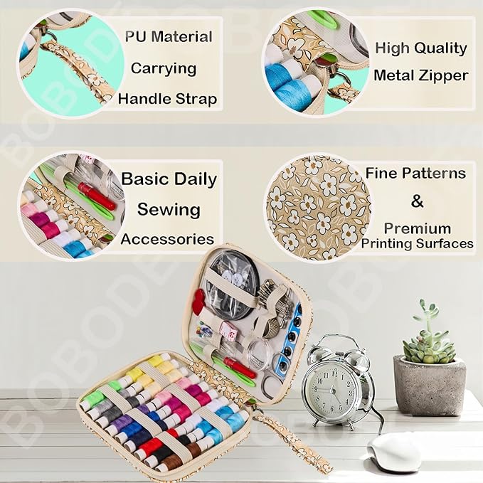 Bobode Sewing Project Kits Printing Sewing Kit Mini Basic Sewing Supplies Accessories Floral Pattern Travel Sewing Kit for Adults,Professional Sewing Sets for Arts Craft DIY,Emergency,Beginners