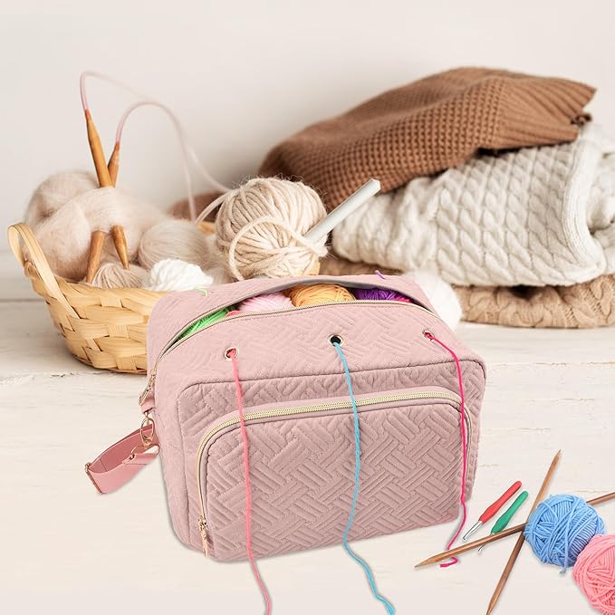 Crochet Bag Organizer, Yarn Storage Organizer, Yarn Holder for Crochet with Adjustable Shoulder Straps, Knitting Bag for crocheting, Crochet Hook Case Gifts for Crocheters (Pink)