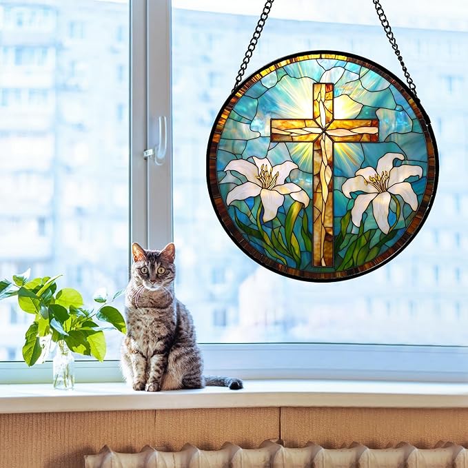 Christian Gifts for Women - Cross Stained Glass Window Hanging Jesus Easter White Lily Flower Sun Catcher Garden Religion Decor Mother's Day Catholic Gift for Men Grandma Mom Her Nana 6.3"
