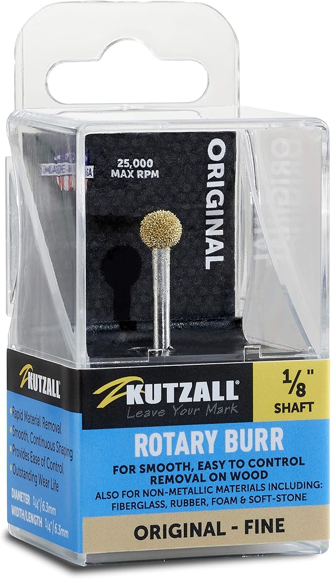 Kutzall Original Sphere Rotary Burr, 1⁄8" Shaft, Fine - Wood Carving Bit for Dremel, Foredom, DeWalt, Milwaukee Tools. Abrasive Tungsten Carbide Coating, 1⁄4" (6.3mm) Head Diameter, S-14-EG