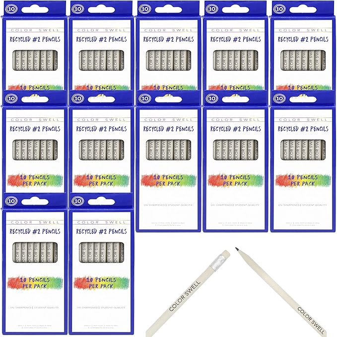 Color Swell - 12 Packs, 10 Recycled Pencils Per Pack (120 Total) - Bulk #2 Recycled Pencils, Non Toxic