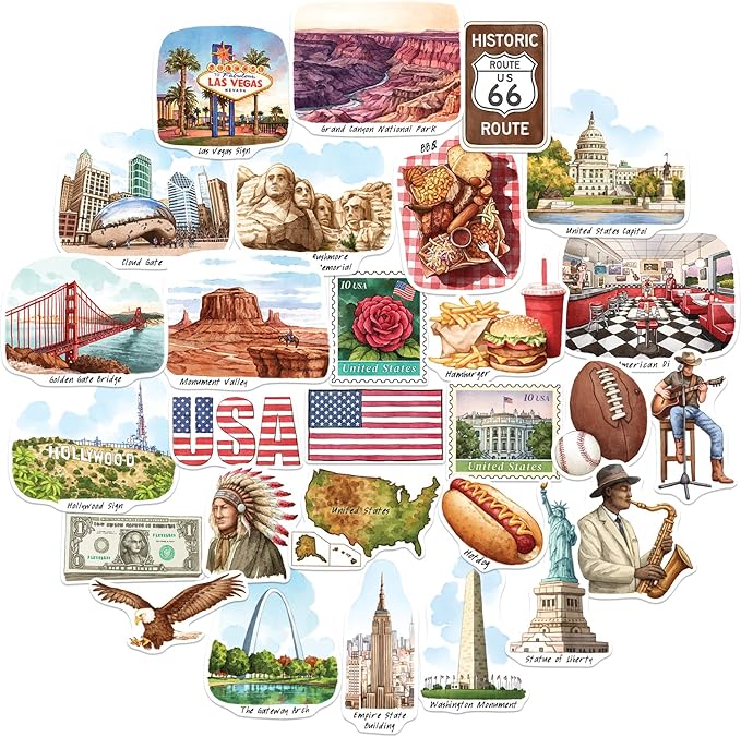 Navy Peony Iconic USA Travel Stickers (28pcs) - Hand-Illustrated, United States, American-Themed Vacation Decals for Journals, Scrapbooks, Luggage