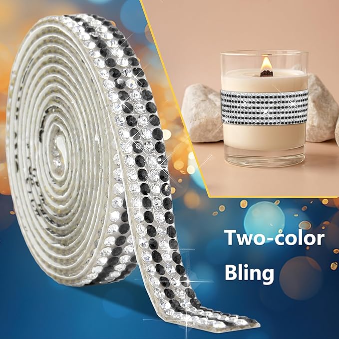 4 Rolls Rhinestone Tape Self Adhesive Crystal Ribbon Diamond Bling Strips with 2 mm Glitter Sticker for Arts Crafts Wedding Birthday Party DIY Event Car Phone Decoration (Silver+Black)