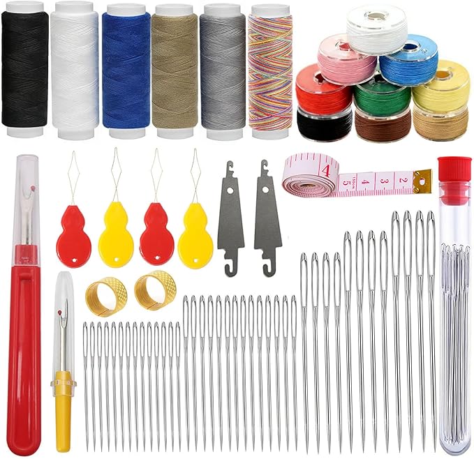 66PCS Big Eye Stainless Steel Sewing Needles Kit 5 Sizes Embroidery Needle and Thread Kit for Hand Sewing Kits with Threads,Bobbins,Thread Ripper,Threaders Accessories for Beginner Crafts Quilting