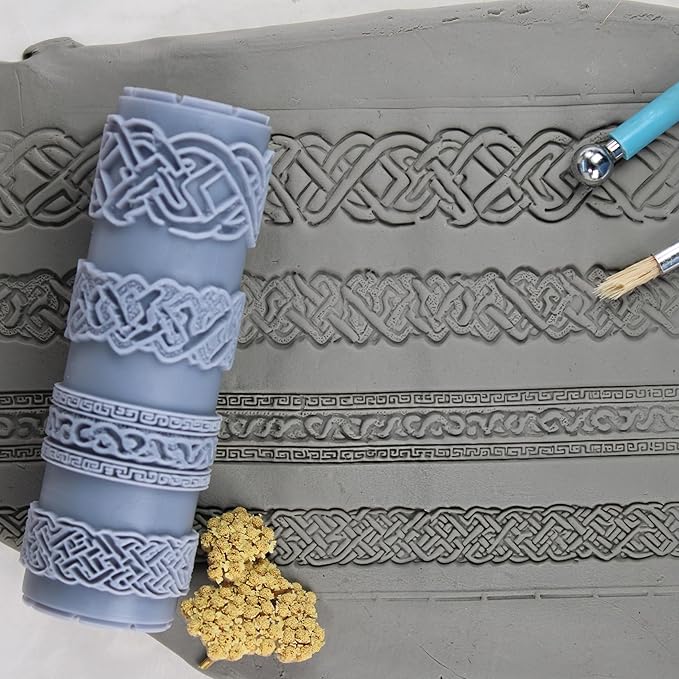 Weathered Knots Clay Texture Roller (4") - Seamless Border Set #01 - Embossing Pattern Roller for Polymer & Ceramic Clay, Pottery & Crafts