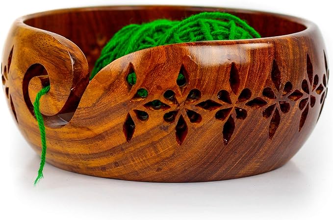 Premium Rosewood Storage Bowl for Yarn Balls & Skeins with Decorative Carved Drills & Drops & Candy Knitting Needles | Knitting & Crochet Notions | Nagina International (Small)
