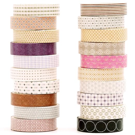 YUBX Simple Geometric Washi Tape Set 20 Rolls Minimal Patterns Decorative Thin Masking Tapes for Arts, DIY Crafts, Journals, Planners, Scrapbook, Wrapping (2 Blush Dusk)