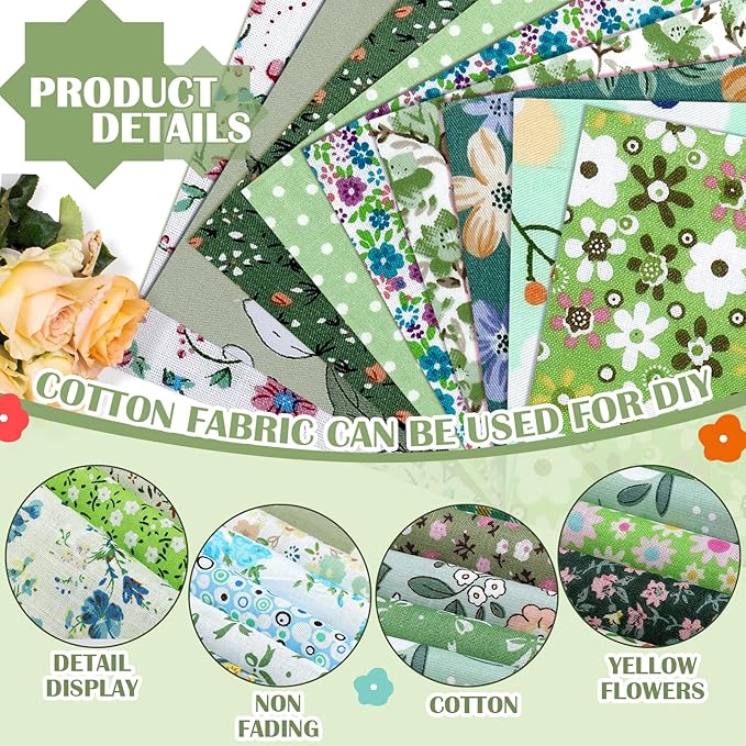 Kinlop 600 Pcs 5 x 5 Inch Floral Charm Packs for Quilting Green Flower Cotton Fabric Square Bulk Precut Fabric Squares Strips Printed Green Floral Patchwork for DIY Craft Sewing Accessory