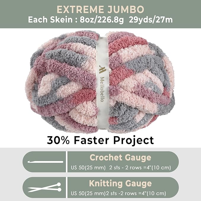 Jumbo Chunky Yarn for Hand Knitting - Super Thick Chenille Chunky Yarn for Crocheting - Extra Soft Bulky Fluffy Blanket Big Yarns 8 Jumbo Pack (27yds,8 oz Each Skein)
