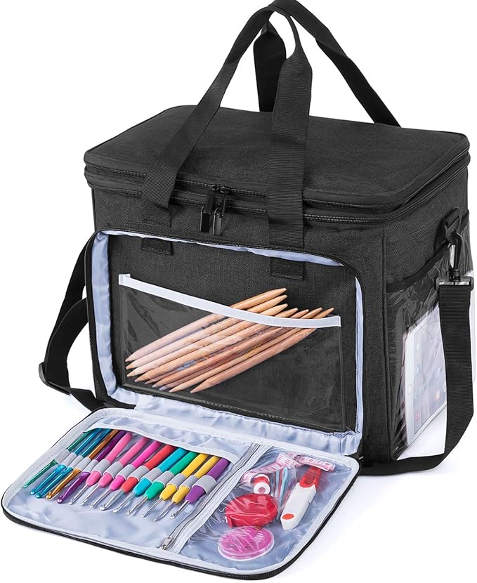 Teamoy Knitting Bag With Divider and Cover, Portable Yarn Storage Organizer for Crochet Accessories and Knitting Needles,Ideal for Knitting Enthusiasts, Black