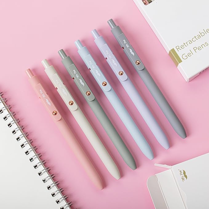 Mr. Pen- Retractable Gel Pens with Rose Gold Ring and Ball, 6 Pack, Morandi Barrels, Japanese Black Gel Pens, Fast Dry, Fine Point 0.5mm
