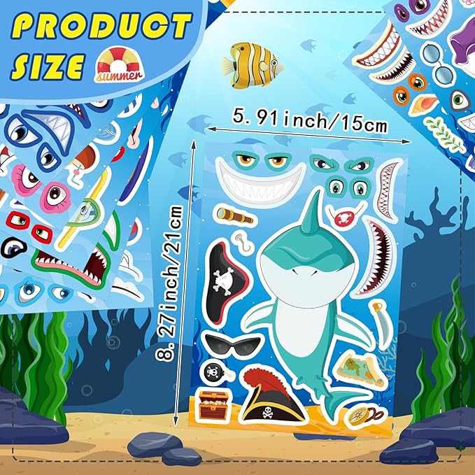 24 Sheets Make Your Own Shark Stickers for Kids Toddlers, Sea Ocean Animals Birthday Party Favors Activities