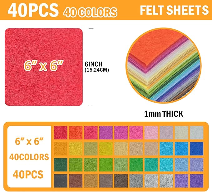 40PCS Felt Fabric Sheets Craft - 6"x 6" Assorted Colors - 1mm Thick Square Nonwoven Felt Fabric for Crafts DIY