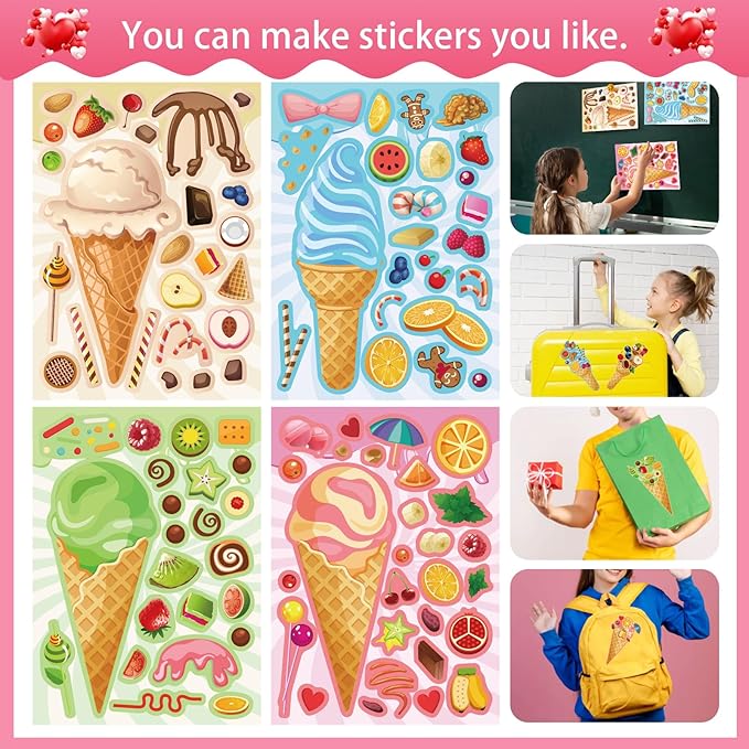 24 Sheets Ice Cream Stickers, Make-a-face Stickers for Kids Toddlers, Make Your Own Mix and Match Stickers, DIY Summer Ice Cream Stickers for Birthday Party Games Teacher Reaward