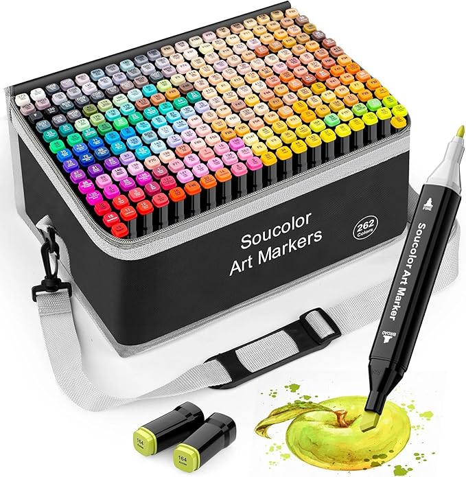 Soucolor Alcohol Markers 262 Colors with Case & Holders, Dual Tips Chisel & Fine Art Markers for Adult Coloring Kids Drawing, Artist Markers Art Supplies for Blending Sketching