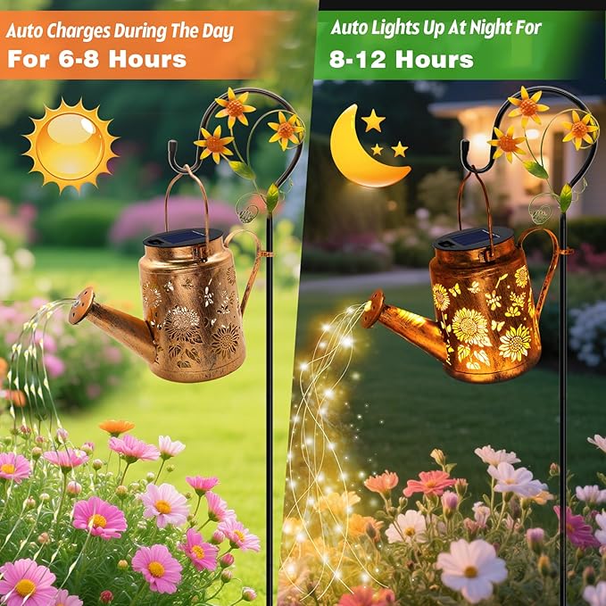 VOOKRY 2 Pack Sunflower Metal Solar Watering Can Lights, Solar Lights Outdoor Waterproof, Birthday Gifts for Women Mom Grandma Christmas, Hanging Lanterns Garden Decor for Outside Yard Patio Lawn