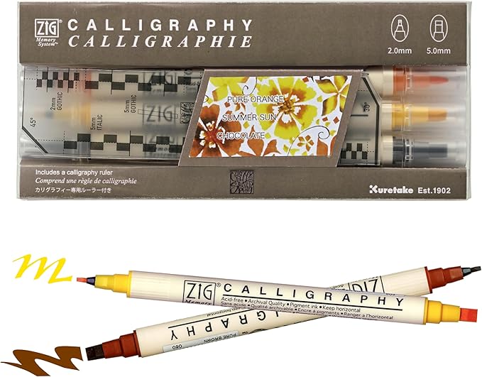 Kuretake Zig Calligraphy Dual Tip Marker Pens 3 colors set, OrangeBrown, 2mm, 5mm, Double Tip, for Art, Sketch, illustration, Calligraphy, Journal, Drawing, Made in Japan