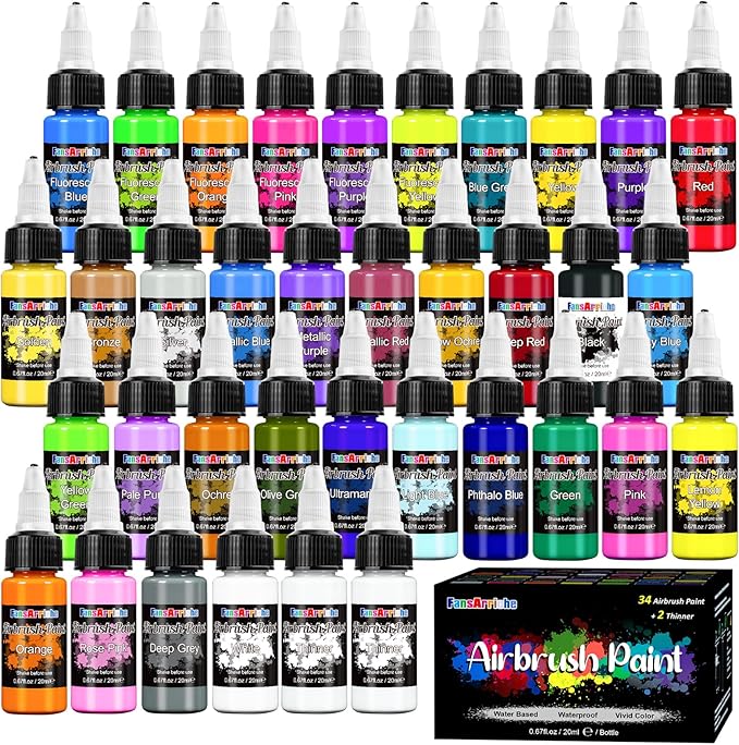 FansArriche Airbrush Paint Set, 34 Colors Acrylic Air brush Paint Kit with 2 Thinner, Ready to Spray Water-based Opaque & Neon Colors for Beginners, Artists, DIY Projects, 20 ml/Bottle