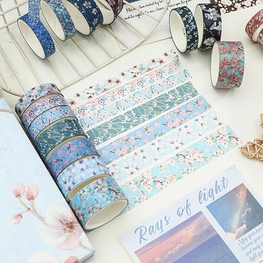 14 Rolls Sakura Washi Tape Set Flowers Arts Adhesive Tapes Cherry Blossom Decorative Masking Tape Sets for Craft, Kids, Scrapbook, DIY, Gift Wrapping (Midnight Blossom)