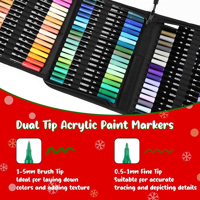 72 Colors Acrylic Paint Markers, Dual Tip with Fine Tip and Brush Tip Pens for Stone, Wood, Calligraphy, Canvas, Ceramic, Metal, Glass, Rock Painting, DIY Crafts Art Supplies Kit
