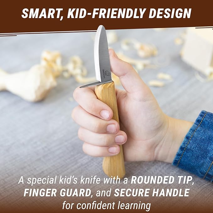 BeaverCraft Whittling Knife for Kids, Beginners - Safety Wood Carving Knife C1 Kid - Whittling Knives with Rounded Tip for Children, Entry-Level Carvers - Wood Carving Tools for Beginners, Boy Scout
