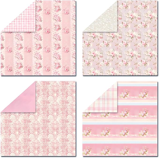 VIVIQUEN 24 Pack Pink Floral Double-Sided Paper, 12-inches Vintage Flowers Scrapbook Specialty Craft Paper Folded Flat for DIY Background Card Art Craft Making Scrapbook Photo Album Decor