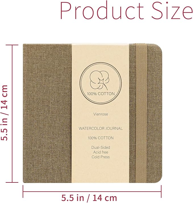 Vienrose Watercolor Sketchbook, 5.5"x5.5" Watercolor Journal with 24 Sheets 140 LB (300 GSM) Cotton Watercolor Paper, Brown Linen Cover Water Coloring Sketch Book As Travel Notebook On The Go