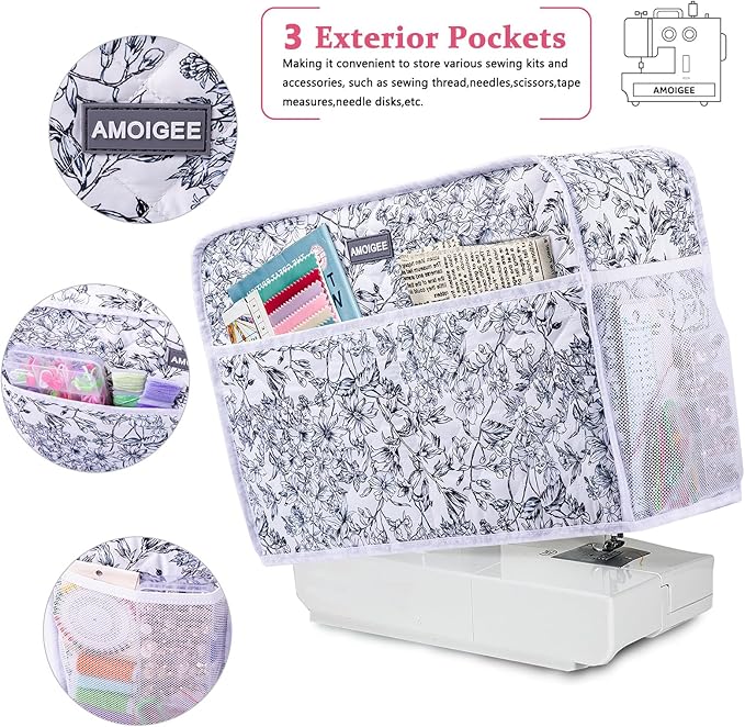 AMOIGEE Sewing Machine Cover for Brother, Singer, Janome – Quilted Dust Cover with Storage Pockets, Padded Protective Sewing Machine Case Fits Most Standard Sewing Machines (17" x 7" x 12")