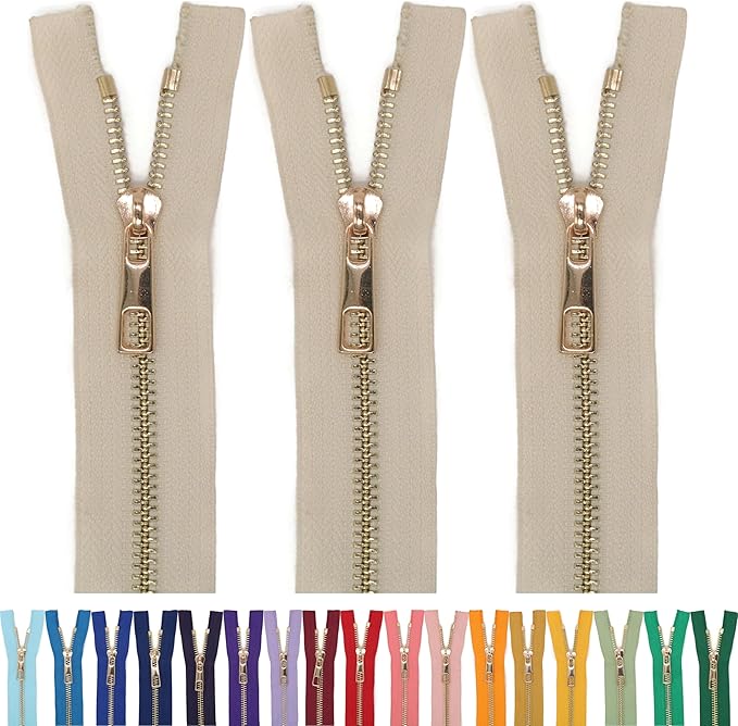 #5 Gold Metal Zipper - 50+ Colors - 3 PCS - (4-14 inches) Sizes - Luxury Lightweight Handcraft Metal Zippers with pulls for Purses Bags Pockets Shoes Sewing & Crafts DIY ZP02574